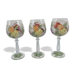 CRACKLE GLASS Wine Goblets Fruit And Leaf Design Green Stems Set Of 3 Hand-Paint